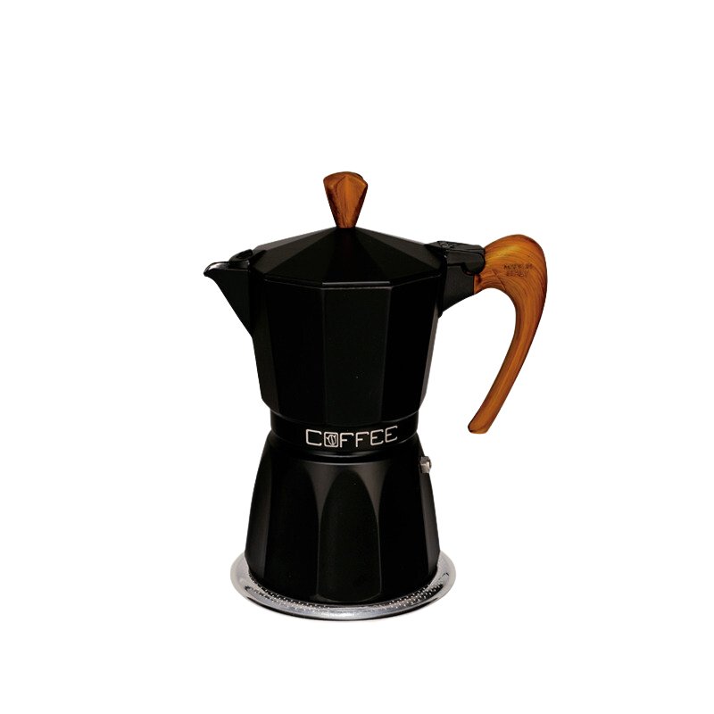 All Black Aluminum Moka Coffee Maker - Fashion Wood Model - Induction